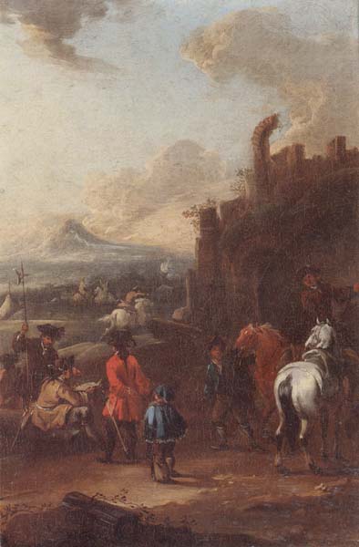 Cavalrymen before a hilltop town